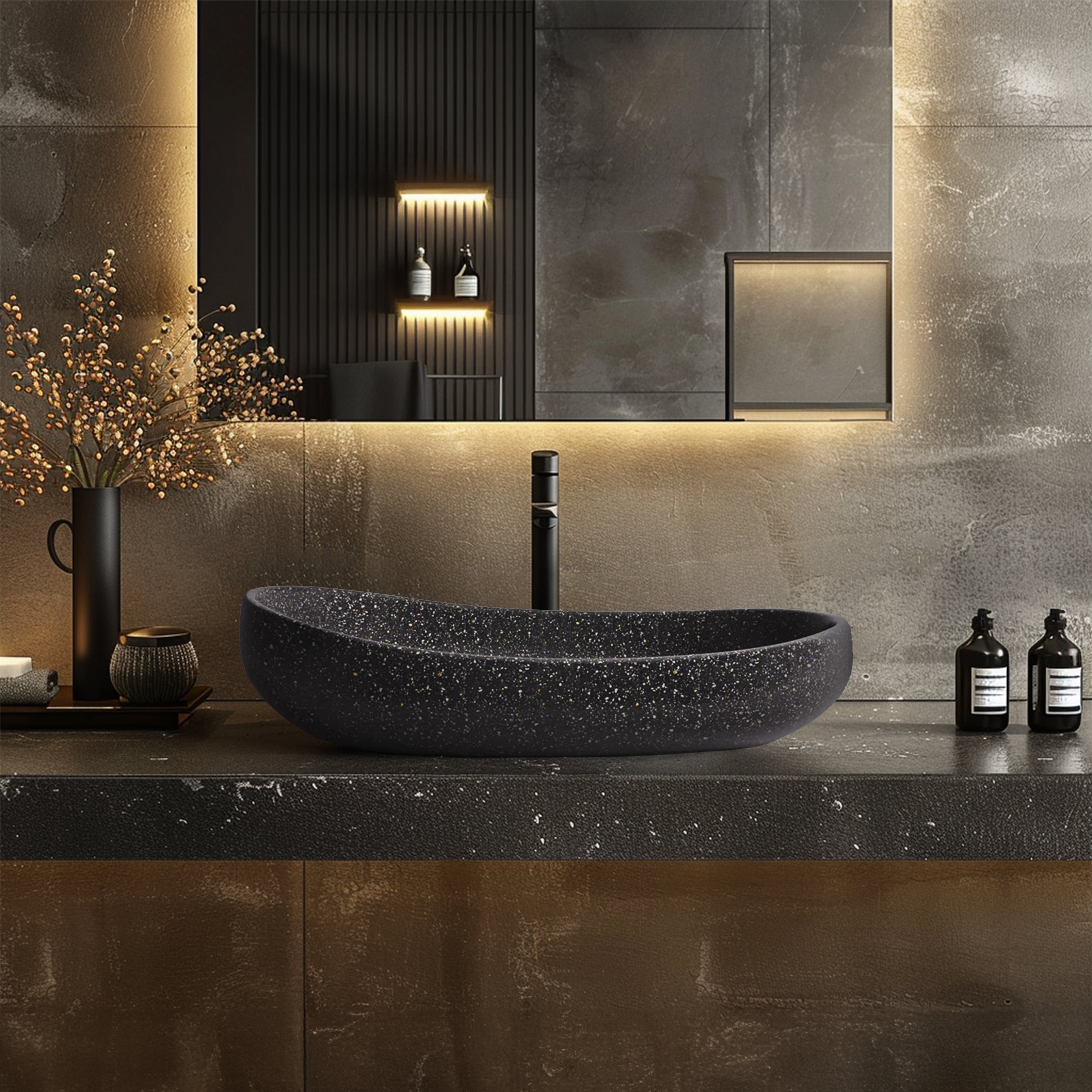 MADU MILLA OVAL ABOVE COUNTER BASIN HANDCRAFTED TERRAZO STONE BLACK 600MM