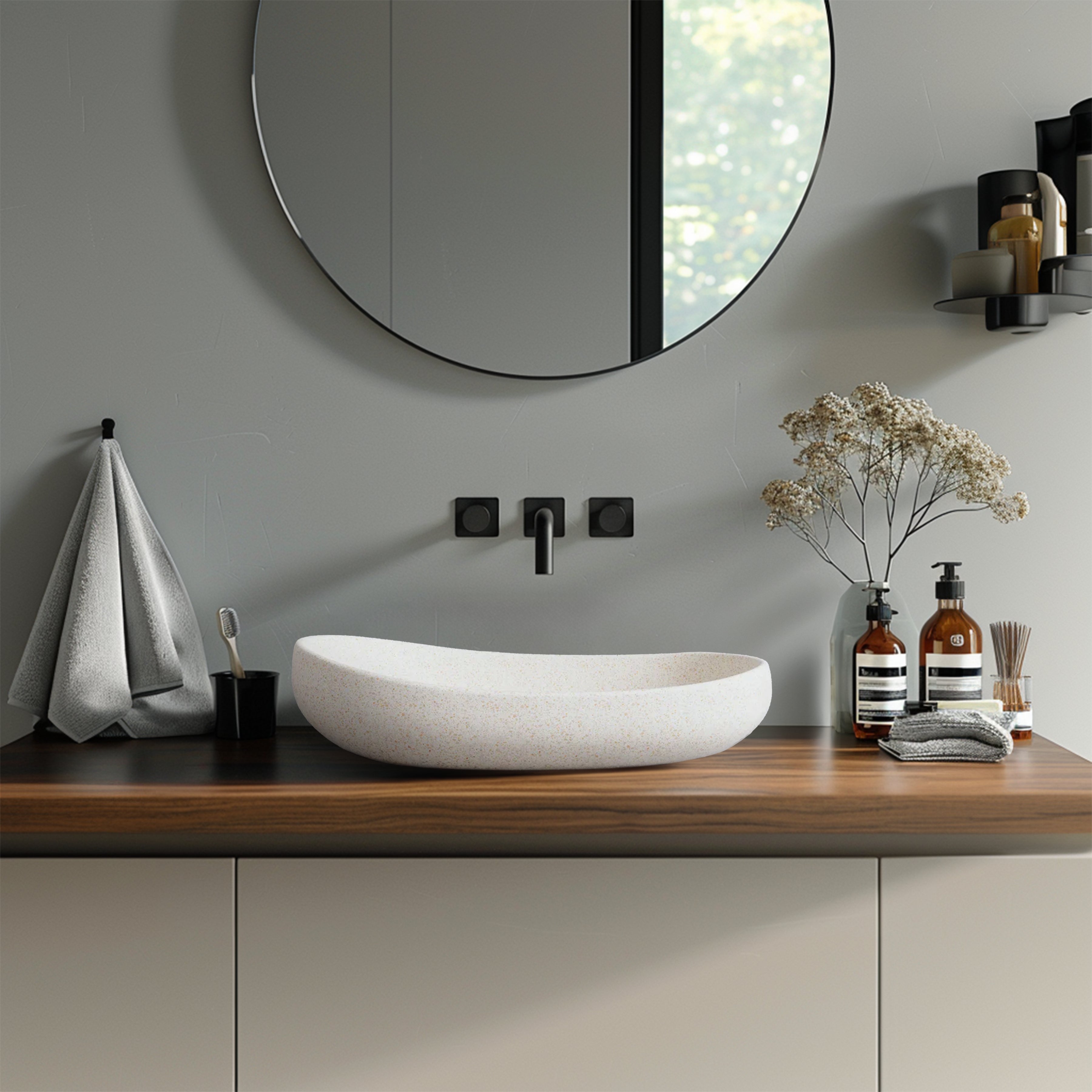 MADU MILLA OVAL ABOVE COUNTER BASIN TERRAZO STONE WHITE 580MM