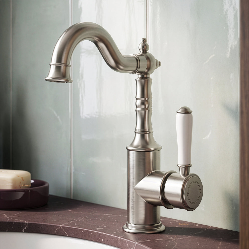 Ikon clasico basin mixer 243mm brushed nickel (ceramic handle)