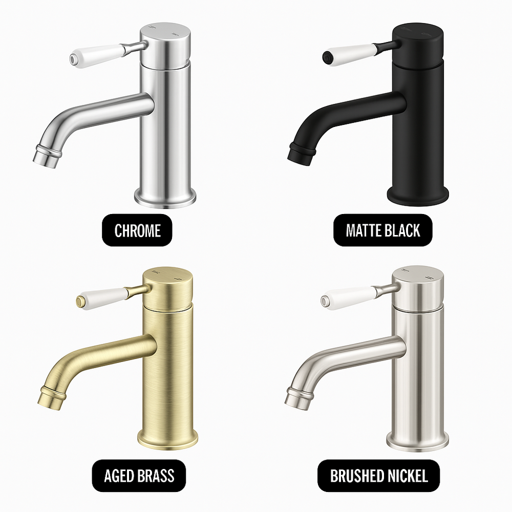 NERO YORK STRAIGHT BASIN MIXER WITH WHITE PORCELAIN LEVER 170MM CHROME