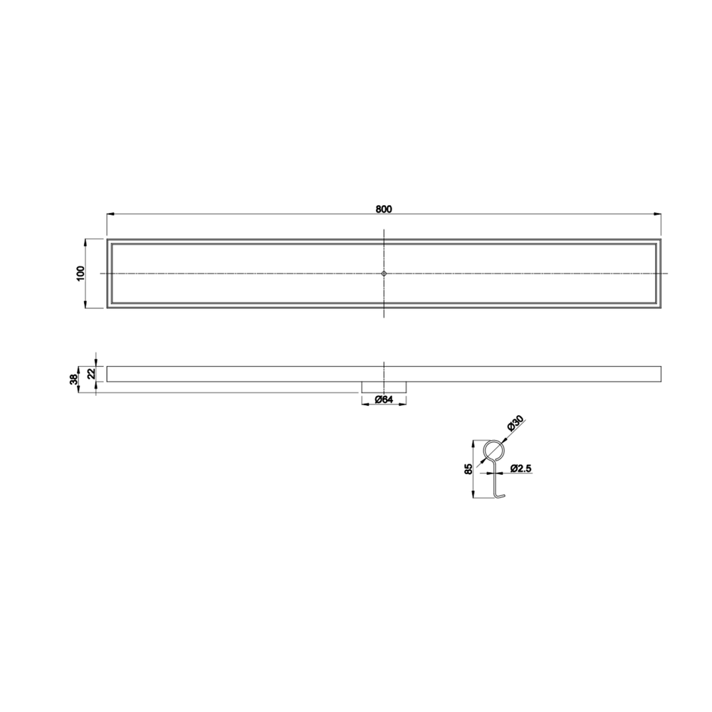 LINSOL EZYFLOW TILE INSERT DN64 LINEAR WASTE 800MM MATTE BLACK