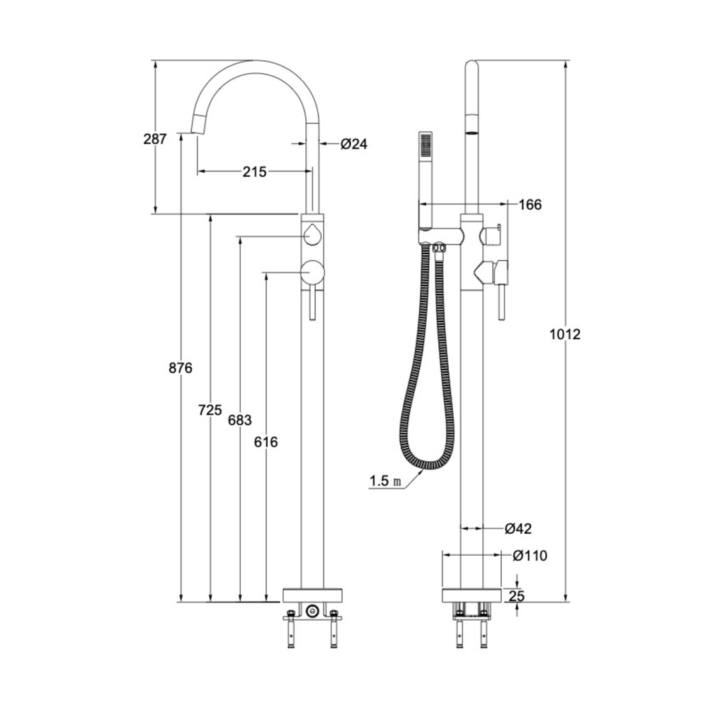 LINSOL NURE FREESTANDING BATH FILLER WITH HAND SHOWER 1012MM GUNMETAL
