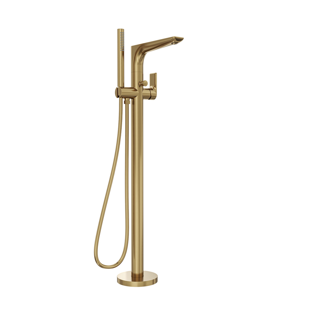 LINSOL KYAH FREESTANDING BATH FILLER WITH HAND SHOWER 914MM BRUSHED BRASS