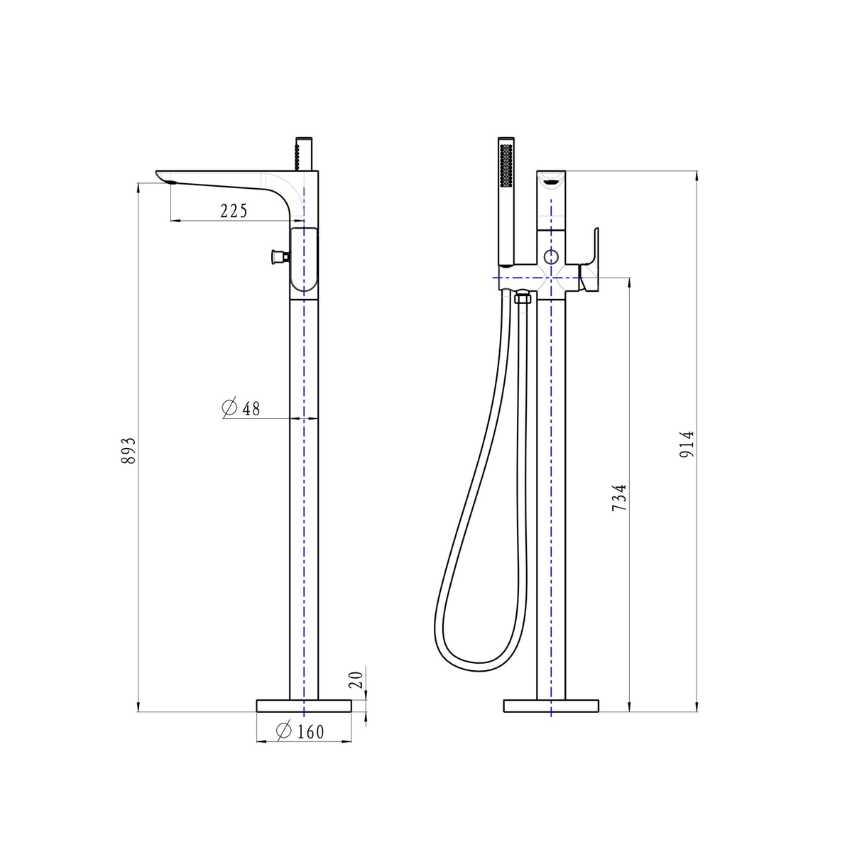 LINSOL KYAH FREESTANDING BATH FILLER WITH HAND SHOWER 914MM BRUSHED BRASS