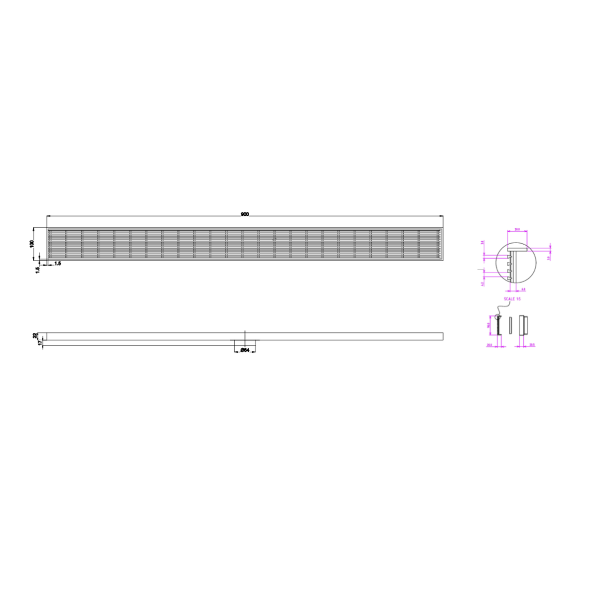 LINSOL EZYFLOW HEELGUARD DN64 LINEAR WASTE 900MM BRUSHED NICKEL