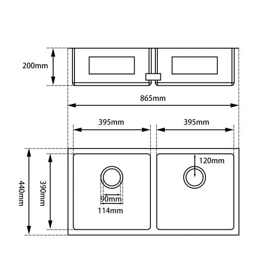 AQUAPERLA T304 HANDMADE DOUBLE BOWL KITCHEN SINK STAINLESS STEEL 865MM