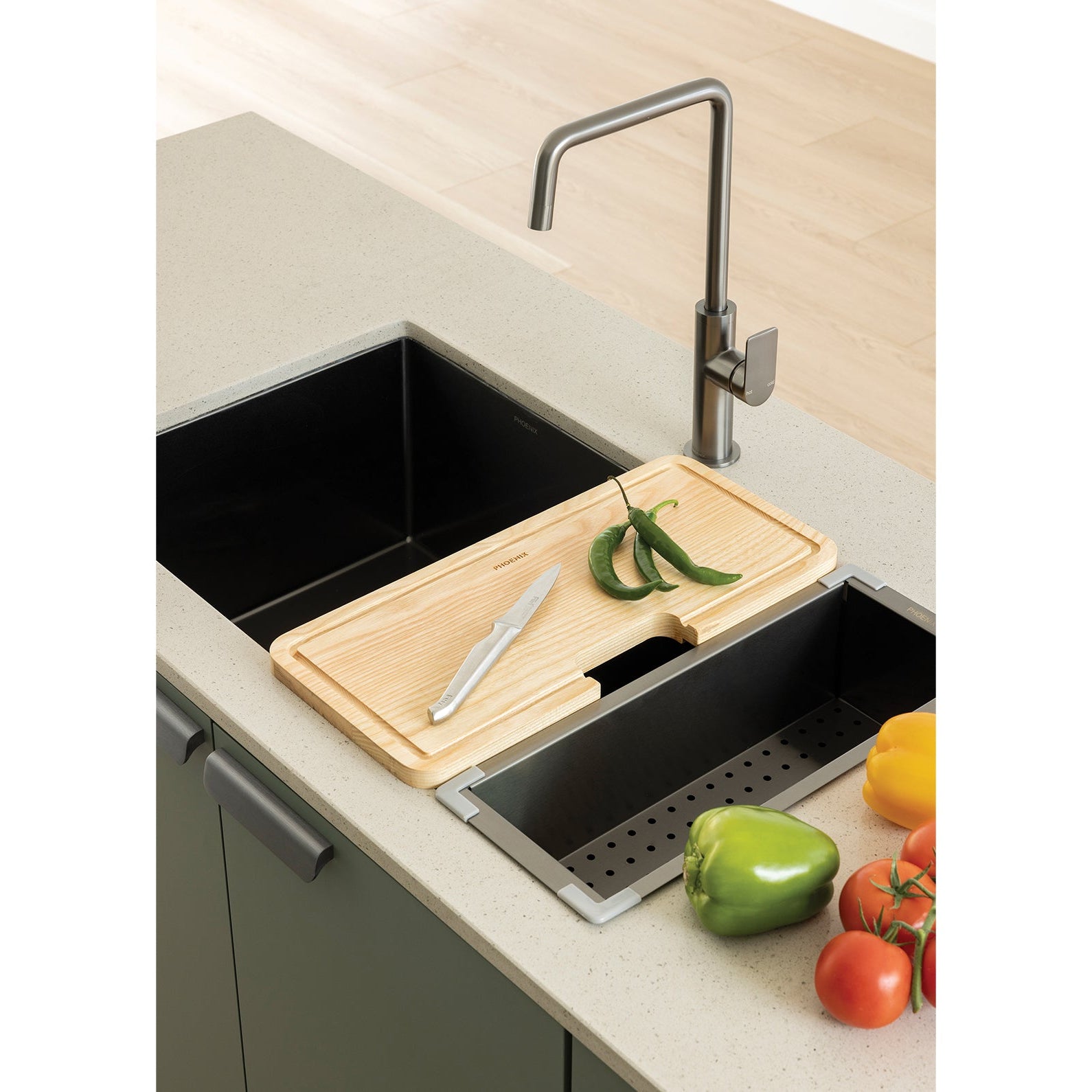 PHOENIX 4000 SERIES DOUBLE BOWL SINK 772MM BRUSHED CARBON