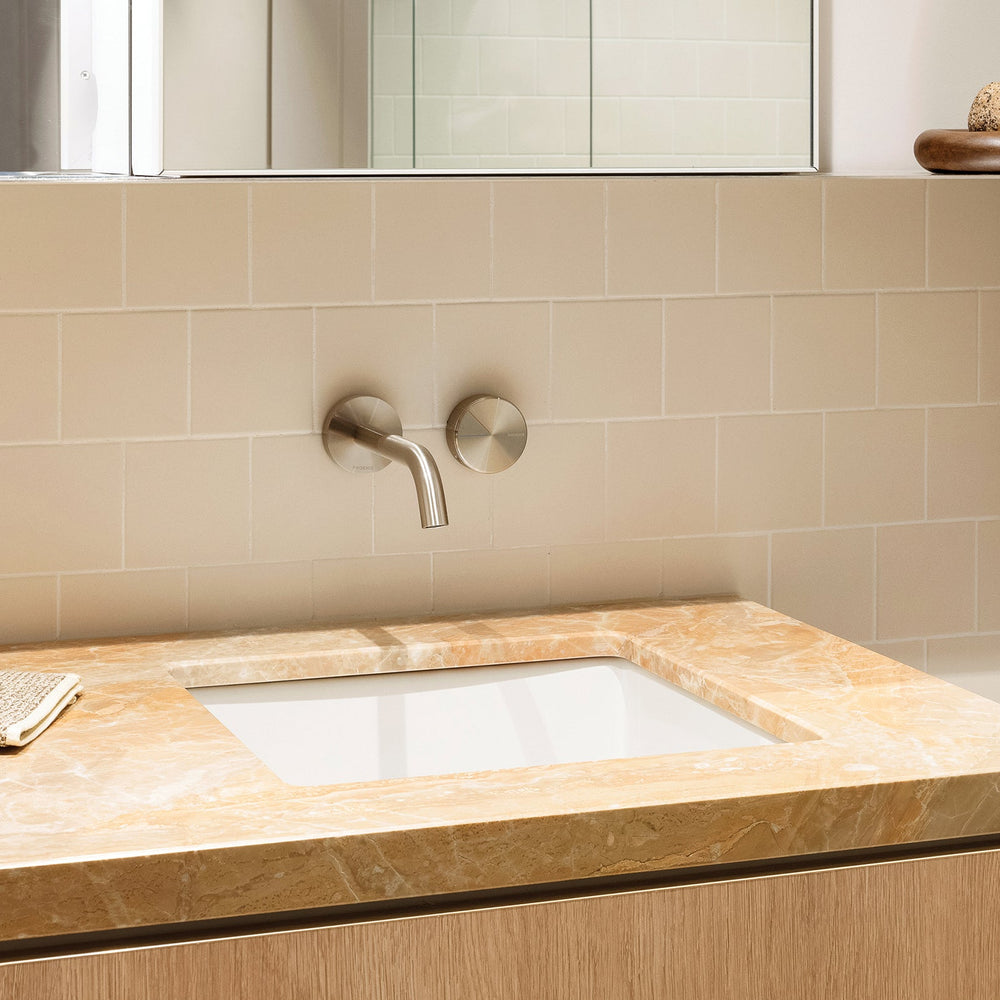 PHOENIX AXIA LEAD FREE WALL BASIN BATH CURVED OUTLET MIXER SET 180MM BRUSHED NICKEL