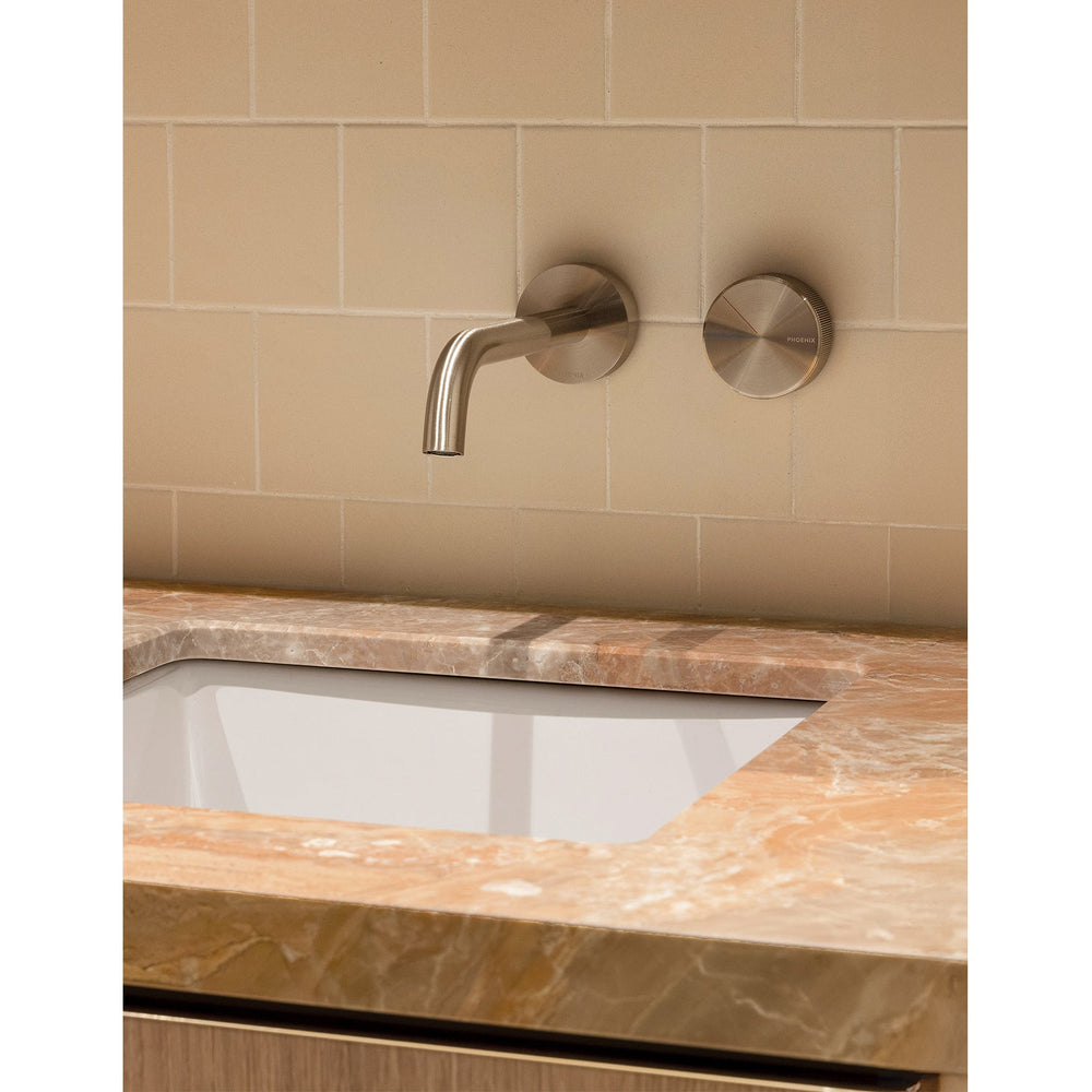 PHOENIX AXIA LEAD FREE WALL BASIN BATH CURVED OUTLET MIXER SET 180MM BRUSHED NICKEL