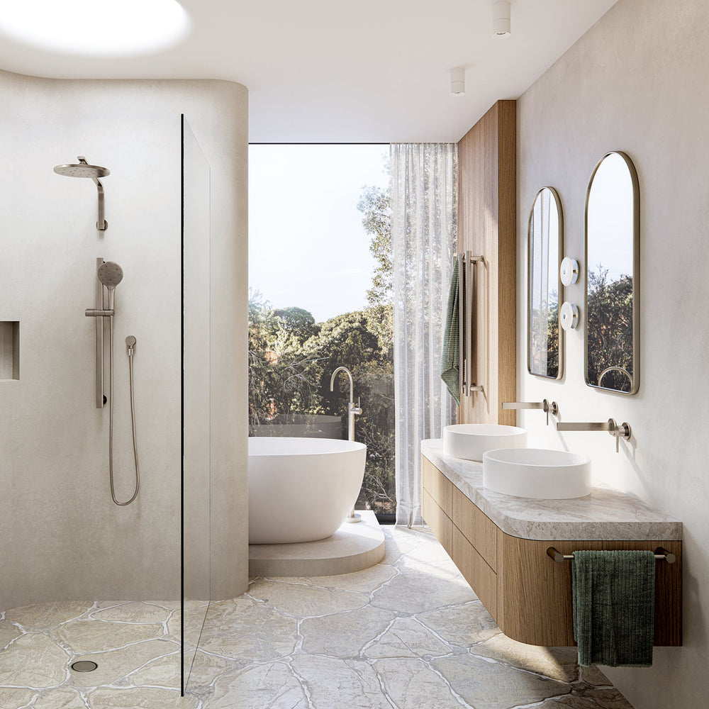 PHOENIX LEXI MKII SWITCHMIX WALL BASIN MIXER SET FIT-OFF AND ROUGH-IN KIT 200MM BRUSHED NICKEL