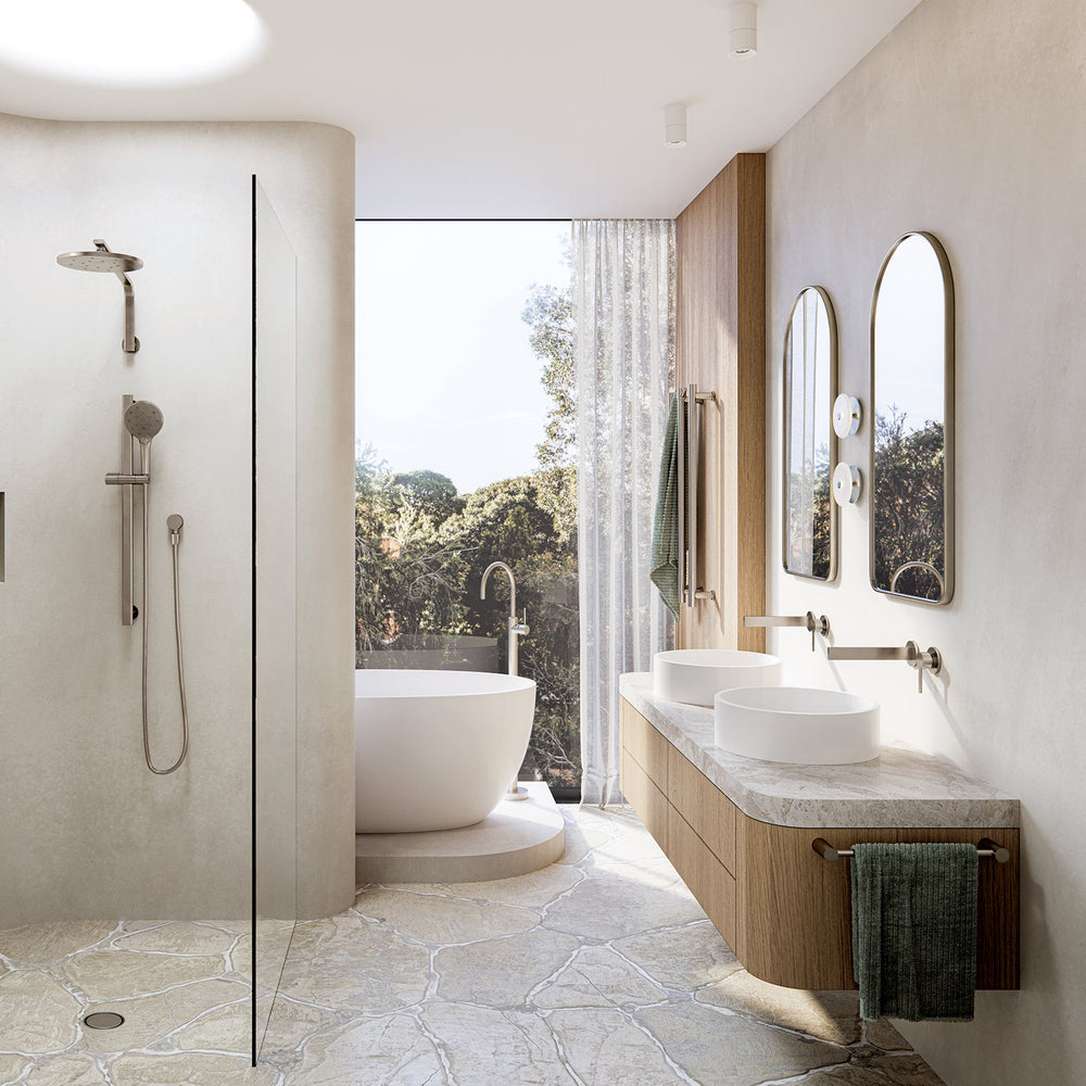 PHOENIX LEXI MKII SWITCHMIX WALL BASIN MIXER SET FIT-OFF AND ROUGH-IN KIT 200MM BRUSHED NICKEL
