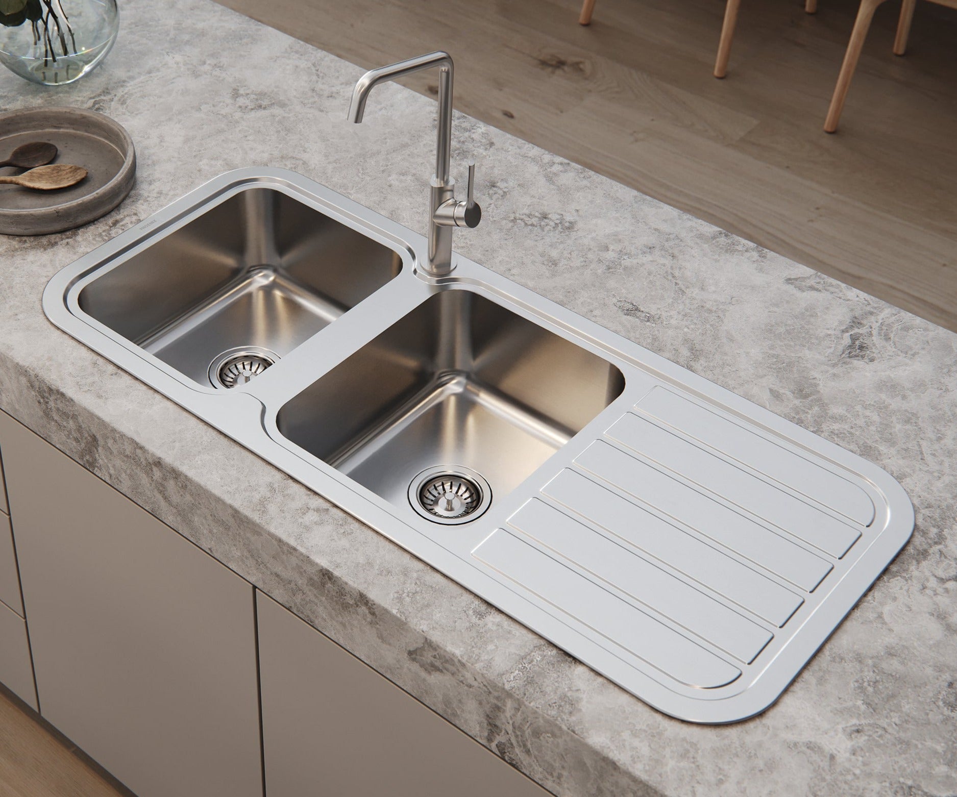 PHOENIX 1000 SERIES DOUBLE BOWL SINK WITH DRAINER AND TAPHOLE 1180MM