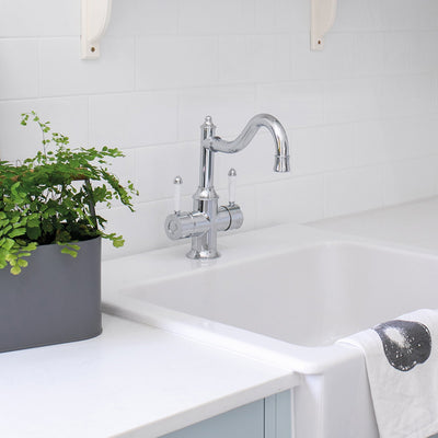 PHOENIX NOSTALGIA TWIN HANDLE SHEPHERDS CROOK SINK MIXER 276MM CHROME AND WHITE