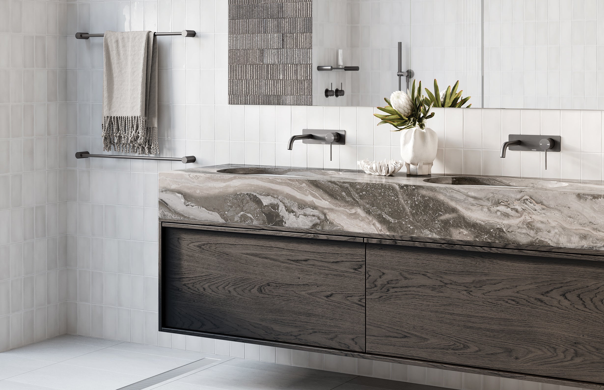 PHOENIX VIVID SLIMLINE LEAD FREE SWITCHMIX WALL BASIN / BATH MIXER SET FIT-OFF AND ROUGH-IN KIT 200MM BRUSHED CARBON