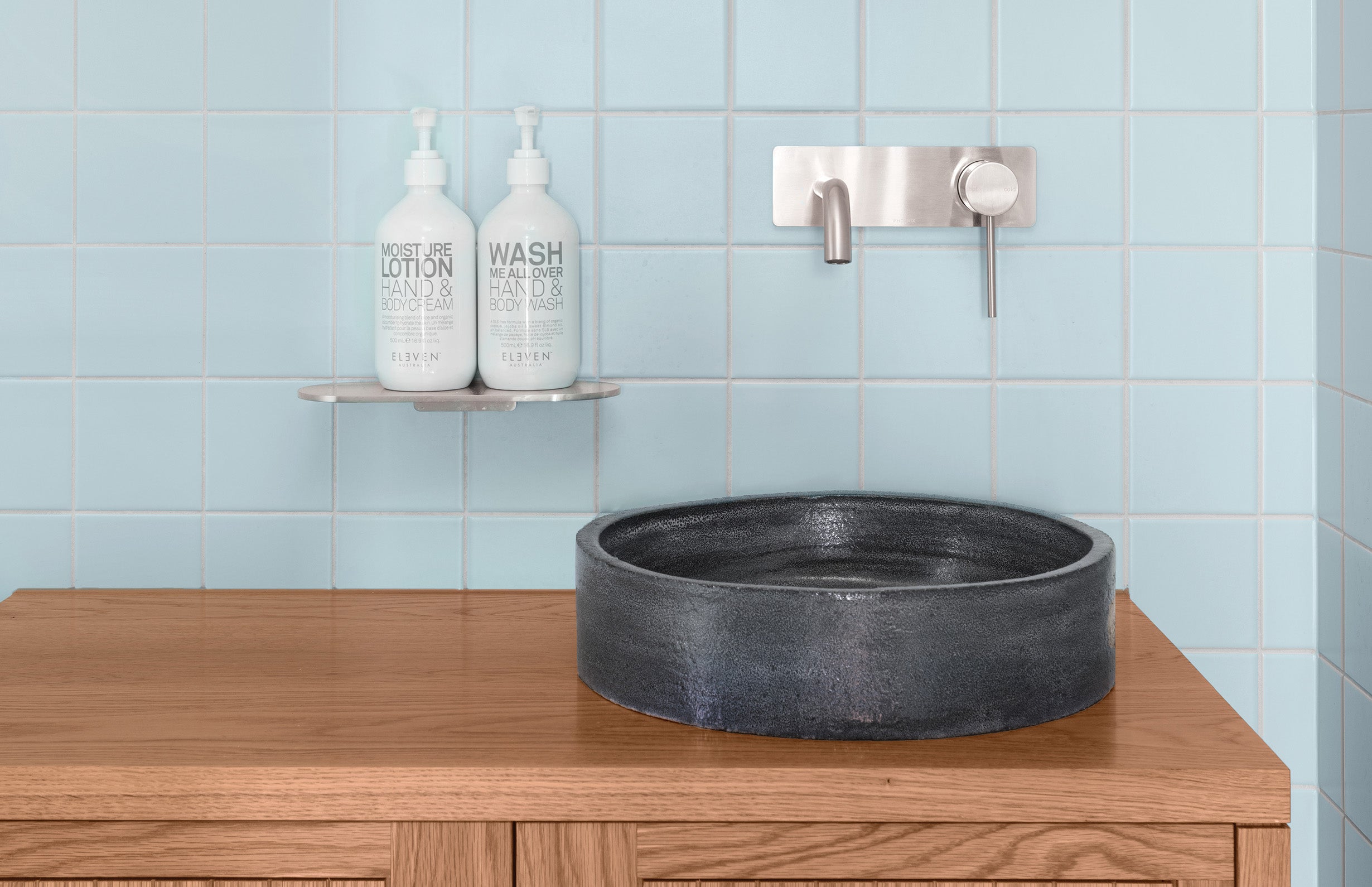 PHOENIX VIVID SLIMLINE SWITCHMIX LEAD FREE WALL BASIN / BATH MIXER SET FIT-OFF AND ROUGH-IN KIT 180MM BRUSHED NICKEL