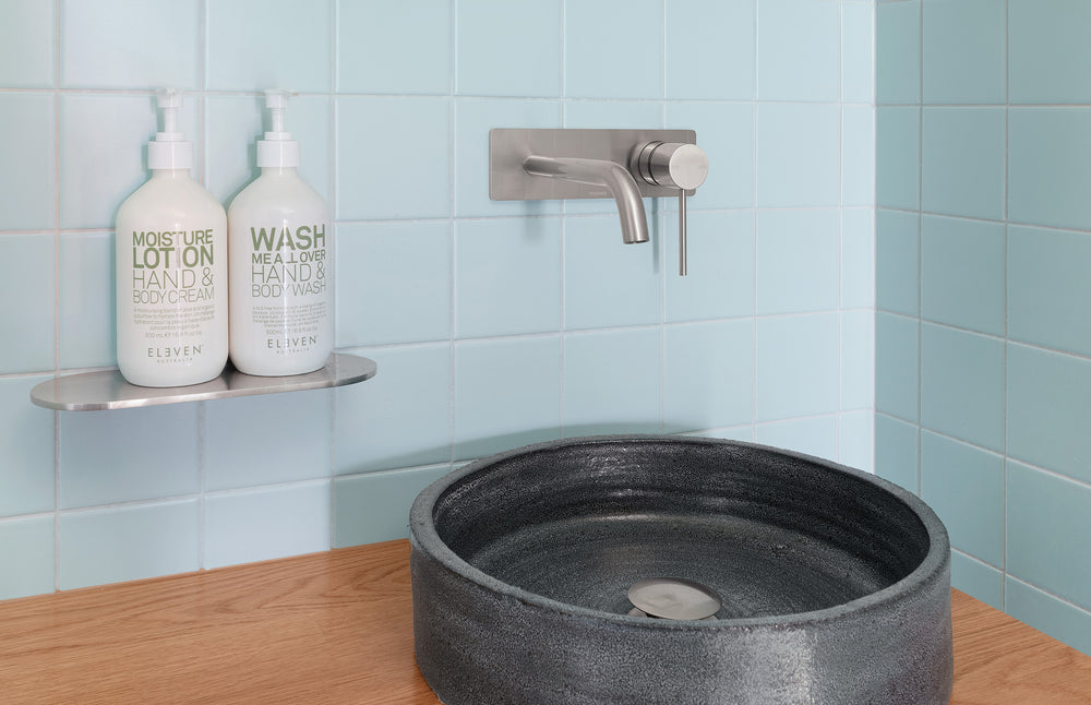 PHOENIX VIVID SLIMLINE SWITCHMIX WALL BASIN / BATH MIXER SET FIT-OFF AND ROUGH-IN KIT 180MM BRUSHED NICKEL