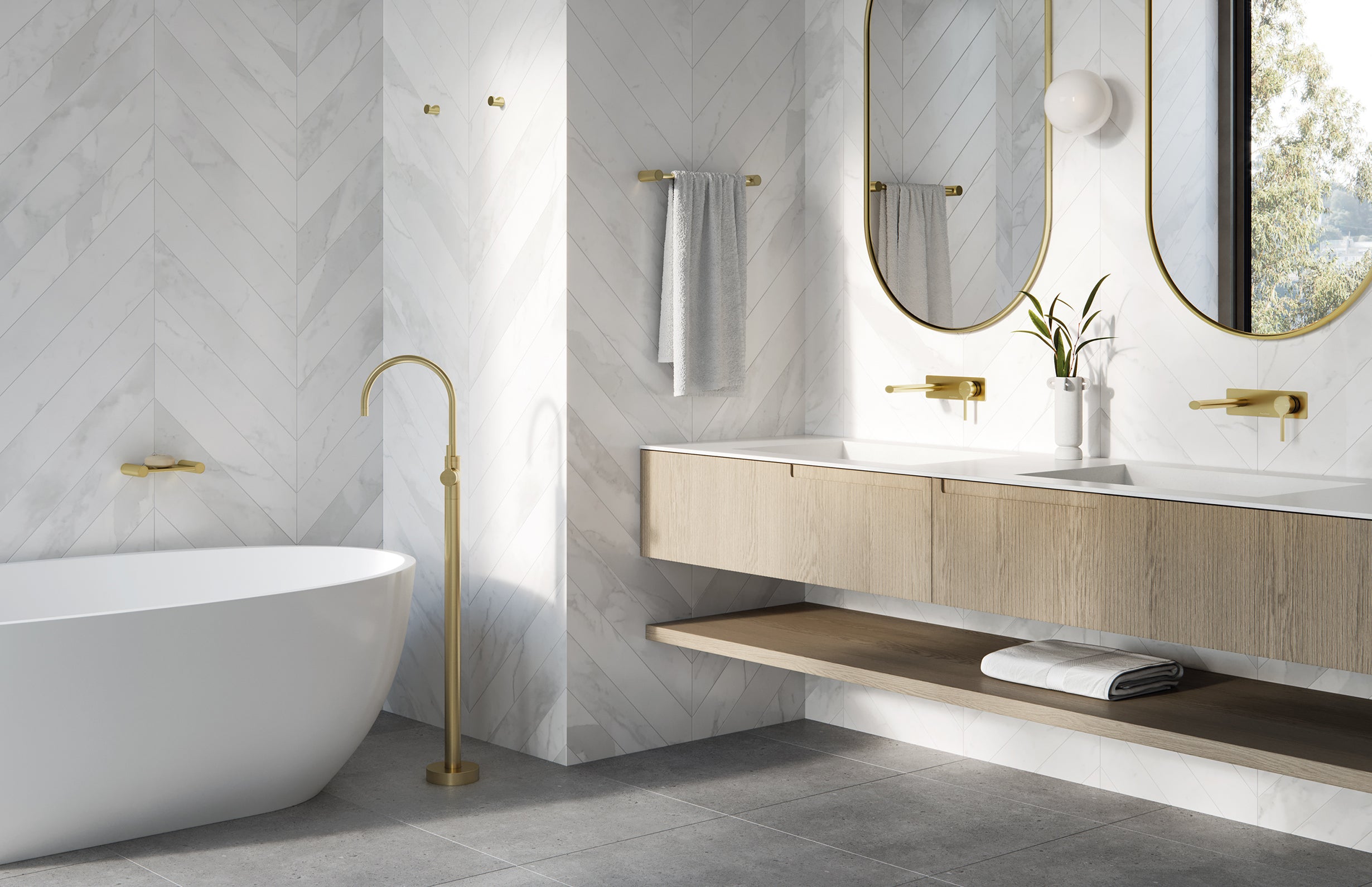 PHOENIX VIVID SLIMLINE OVAL SWITCHMIX WALL BASIN / BATH MIXER SET FIT-OFF AND ROUGH-IN KIT 200MM BRUSHED GOLD