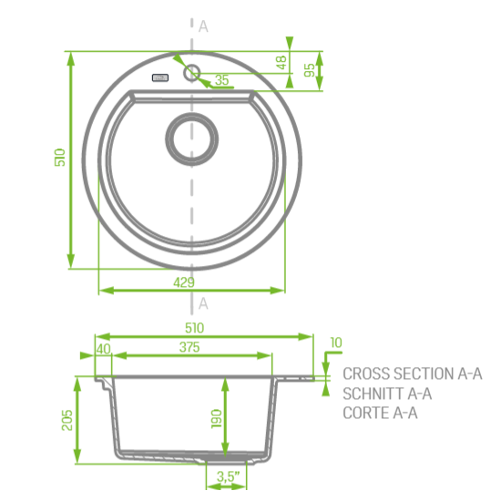 AQUAPERLA LAVEO SINGLE BOWL KITCHEN SINK GREY GRANITE 510MM