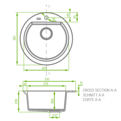 NORICO LAVEO SINGLE BOWL KITCHEN SINK GREY GRANITE 510MM