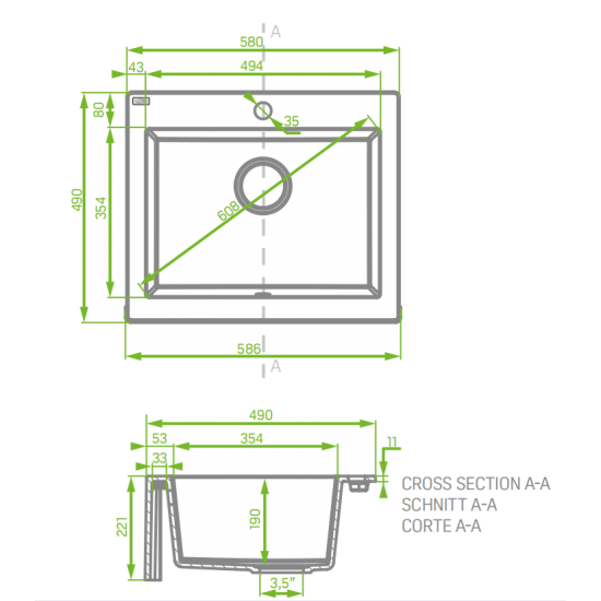 AQUAPERLA LAVEO UNDERMOUNT SINGLE BOWL SINK BEIGE GRANITE 490MM