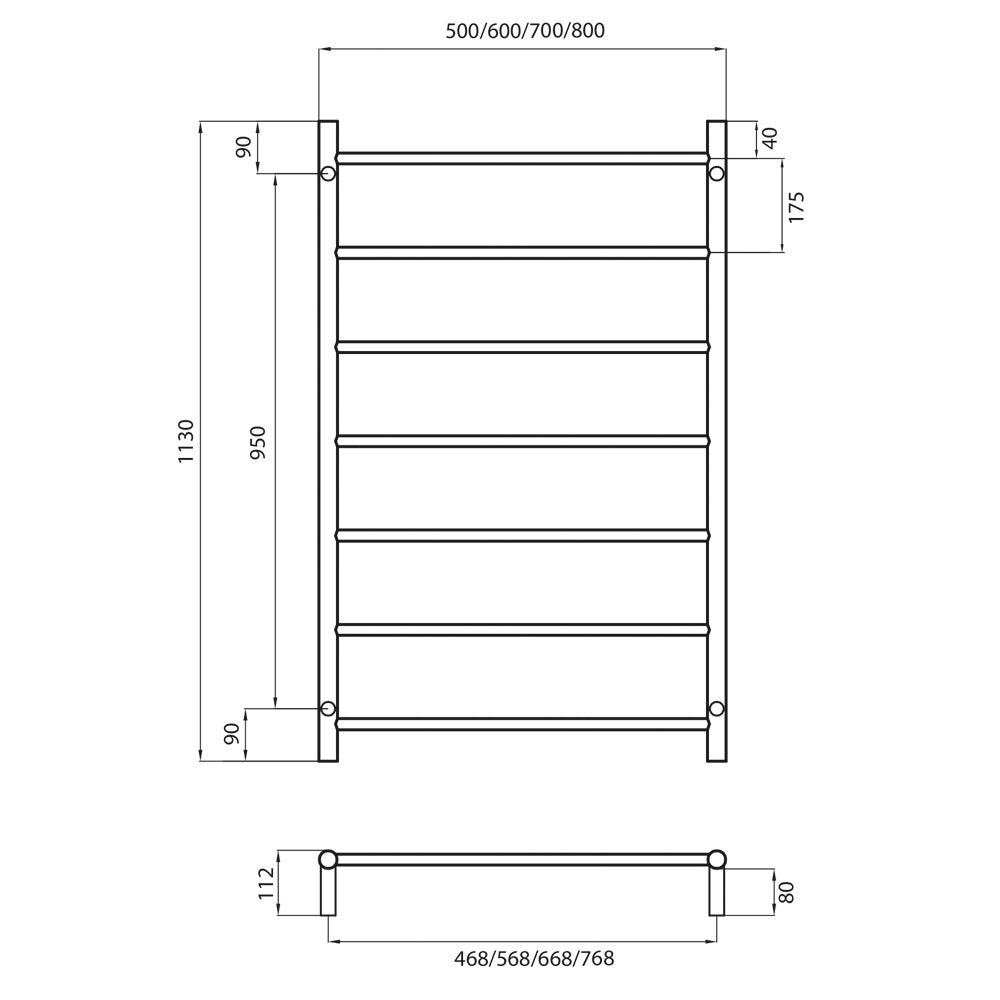 RADIANT HEATING 7-BARS ROUND NON-HEATED TOWEL RAIL CHROME 500MM