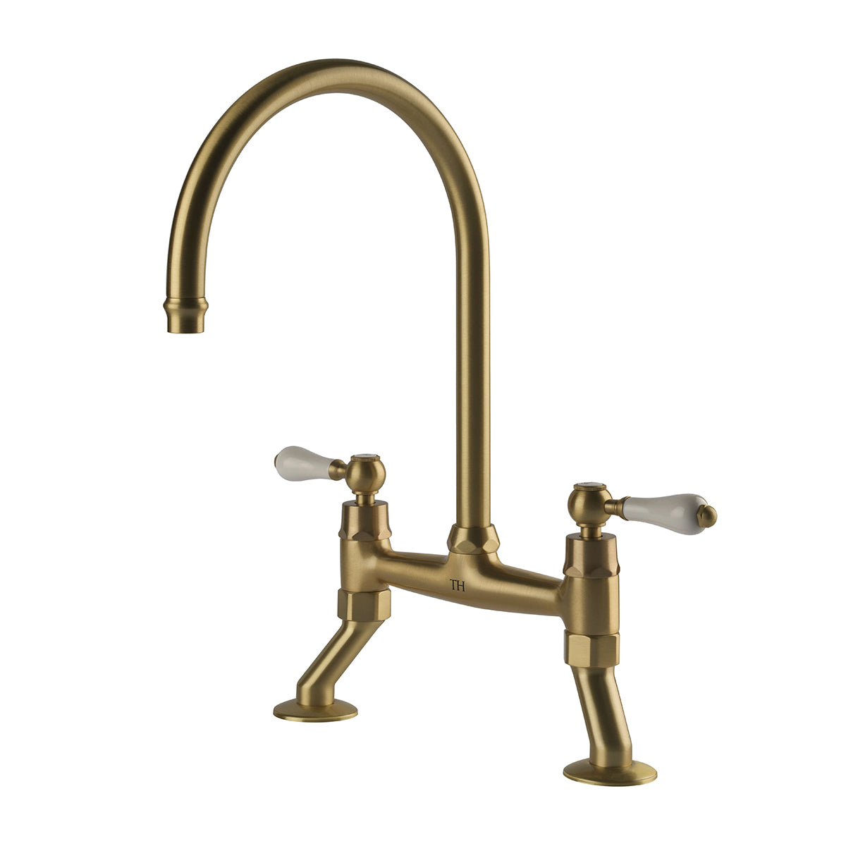 TURNER HASTINGS LUDLOW BRIDGE SINK MIXER TAP 400MM BRUSHED BRASS (CERAMIC HANDLE)