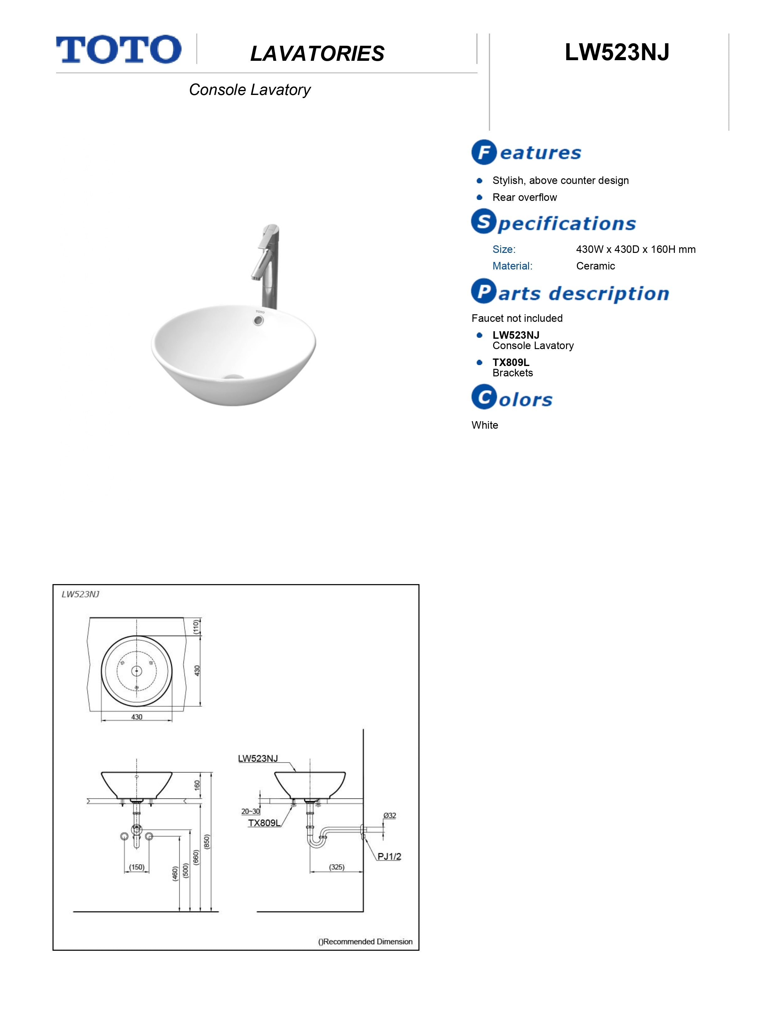 TOTO CONSOLE LAVATORY WITH BRACKET WHITE 430MM