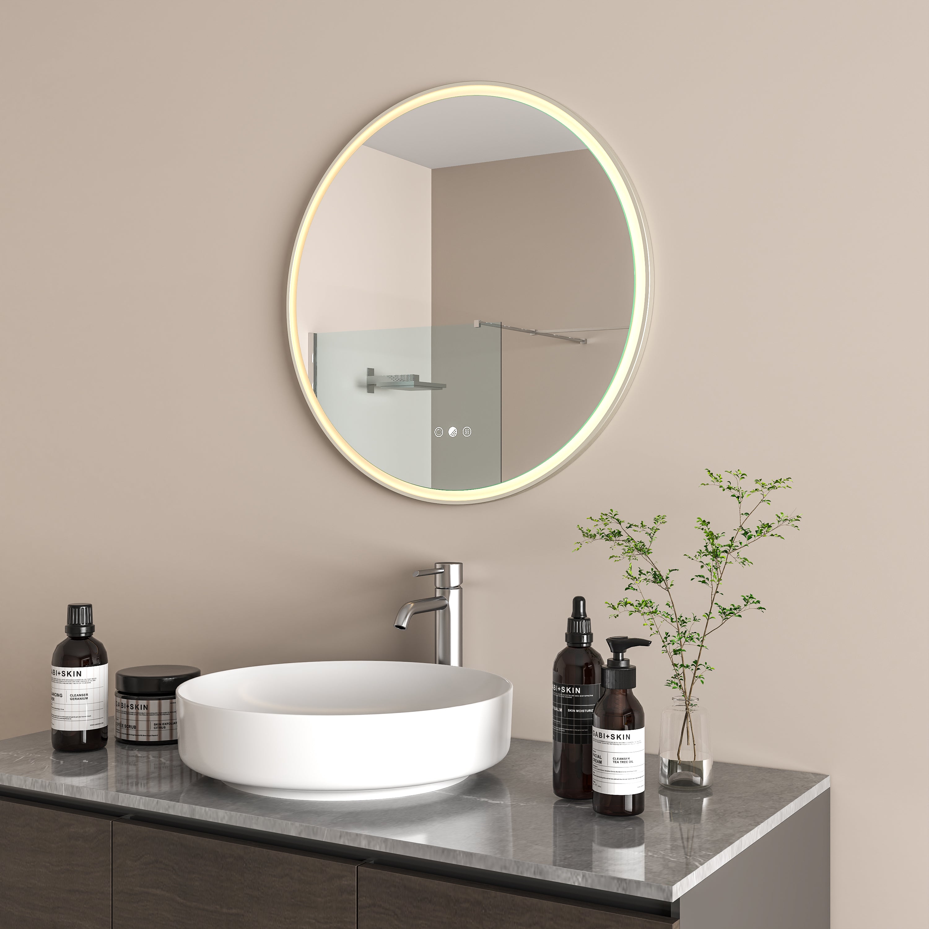 RADIANT HEATING AURA OLËK LED MIRROR BRUSHED NICKEL 600MM