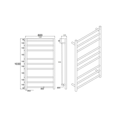 AQUAPERLA 9-BAR ROUND LADDER HEATED TOWEL RAIL 1030MM BLACK