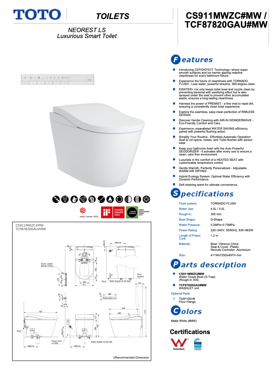TOTO NEOREST LS INTEGRATED TOILET & REMOTE CONTROLLED WASHLET D-SHAPE MATTE WHITE