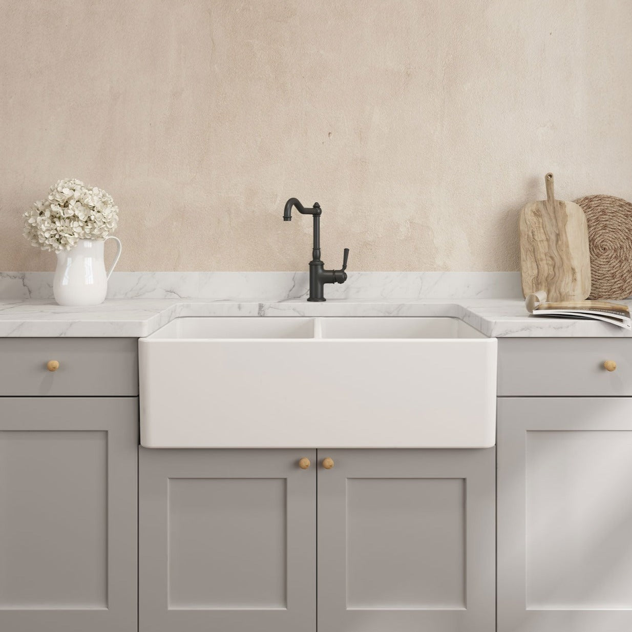 TURNER HASTINGS NOVI FARMHOUSE DOUBLE BOWL BUTLER SINK MATTE WHITE 850MM