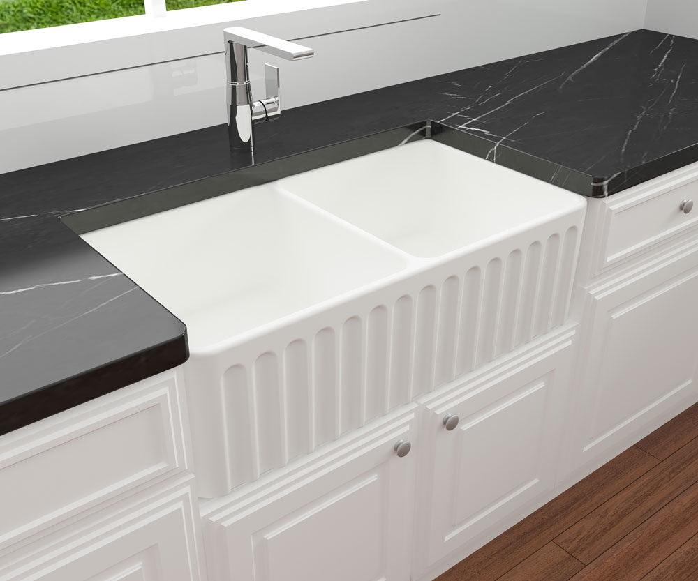 TURNER HASTINGS NOVI FARMHOUSE DOUBLE BOWL BUTLER SINK MATTE WHITE 850MM