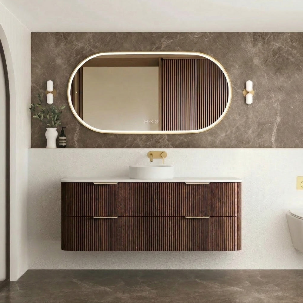 OTTI HAVANA SABLE WALNUT FLUTED 1500MM CURVE SINGLE BOWL WALL HUNG VANITY