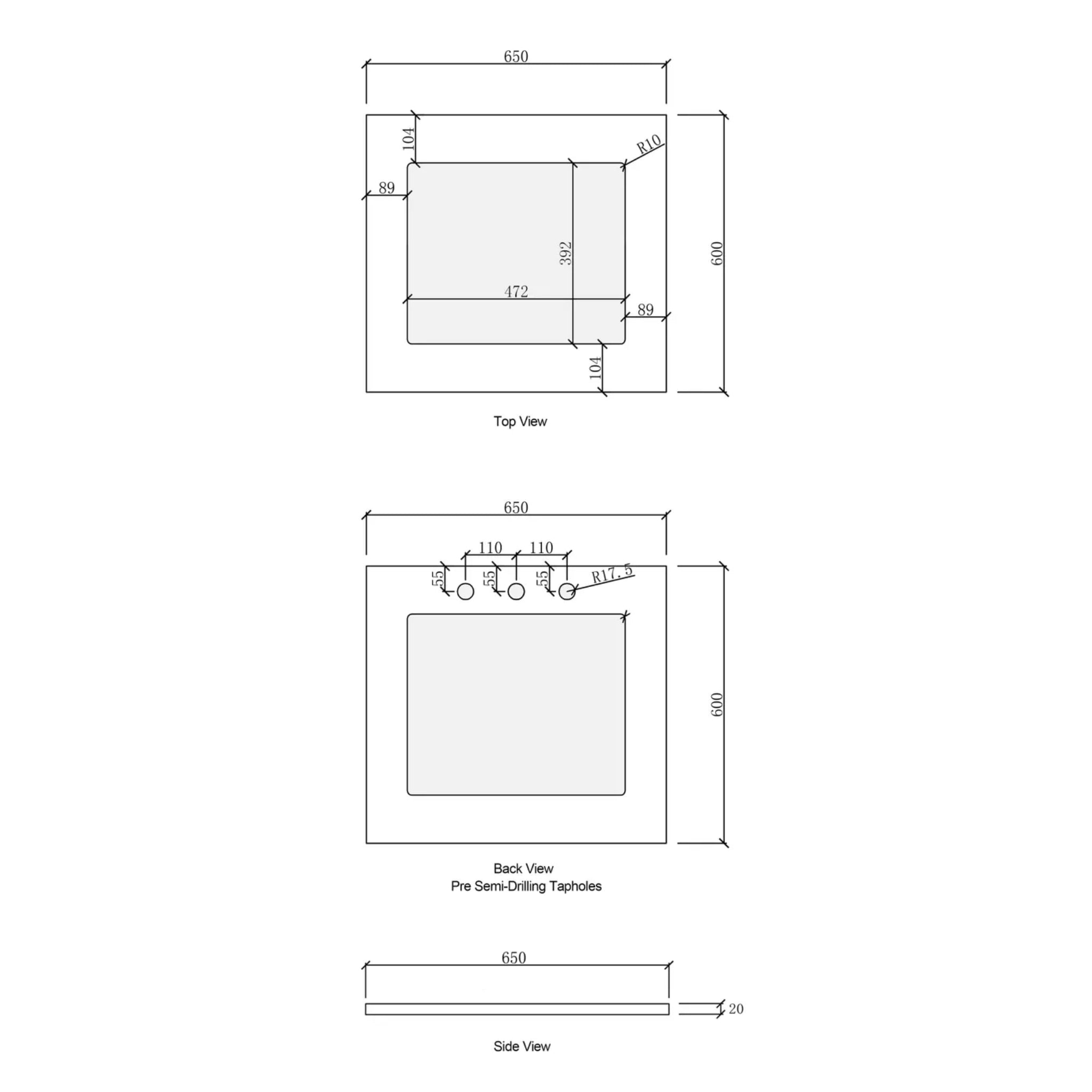 OTTI SOLID SURFACE PURE WHITE 650MM LAUNDRY STONE TOP