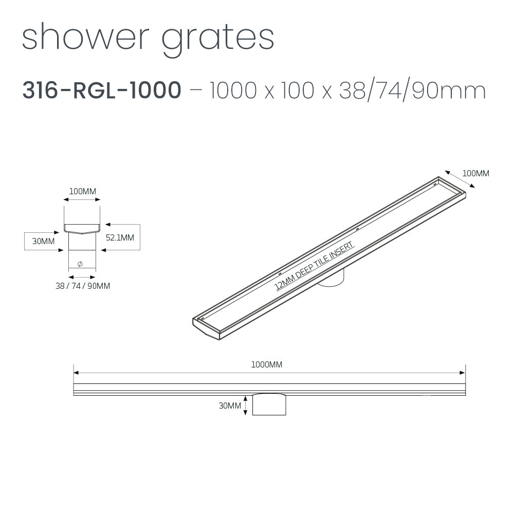 RADIANT HEATING LINEAR TILE INSERT FLOOR GRATE MATTE BLACK (AVAILABLE IN 600MM, 700MM, 900MM AND 1000MM)