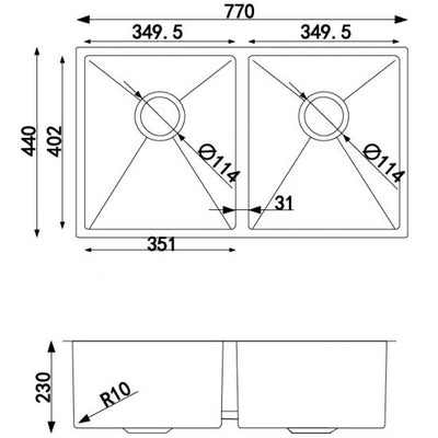 AQUAPERLA T304 DOUBLE BOWL KITCHEN SINK STAINLESS STEEL 770MM