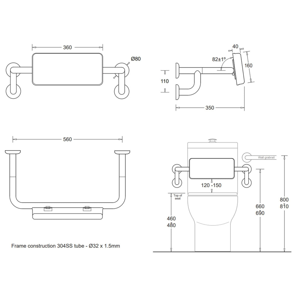 JOHNSON SUISSE ASSIST SPECIAL NEEDS TOILET BACKREST 560MM STAINLESS STEEL