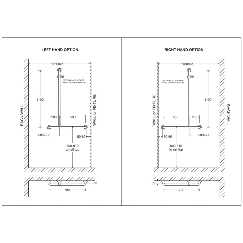 JOHNSON SUISSE LIFE ASSIST 3 FUNCTION GRAB RAIL SHOWER SET 700MM CHROME (AVAILABLE IN LEFT AND RIGHT HAND)