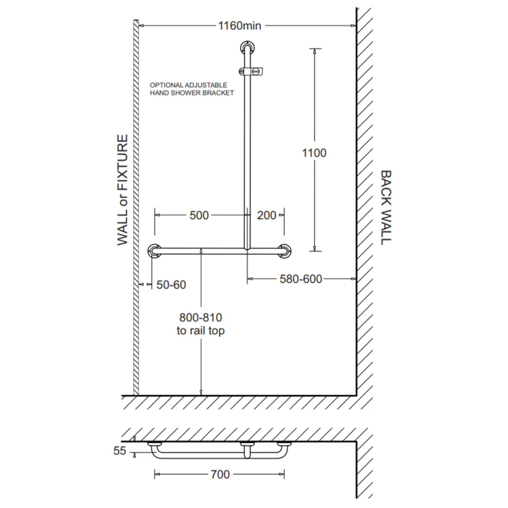 JOHNSON SUISSE SHOWER GRAB RAIL 700MM STAINLESS STEEL (AVAILABLE IN LEFT AND RIGHT HAND RAIL)
