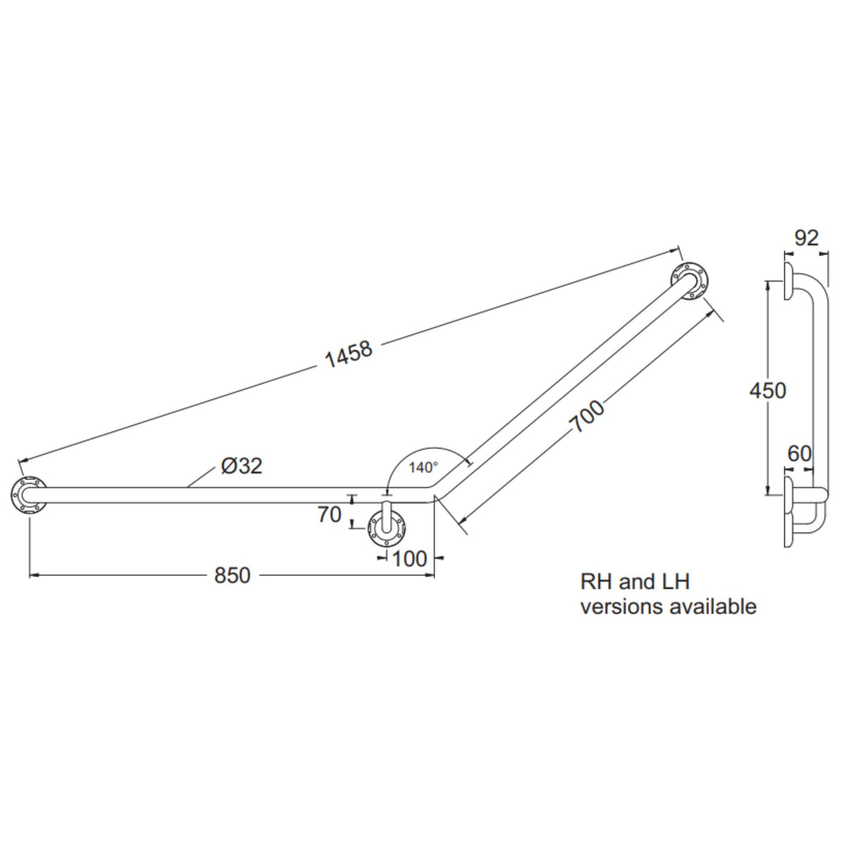 JOHNSON SUISSE ANGLED GRAB RAIL 850MM STAINLESS STEEL (AVAILABLE IN LEFT AND RIGHT HAND RAIL)