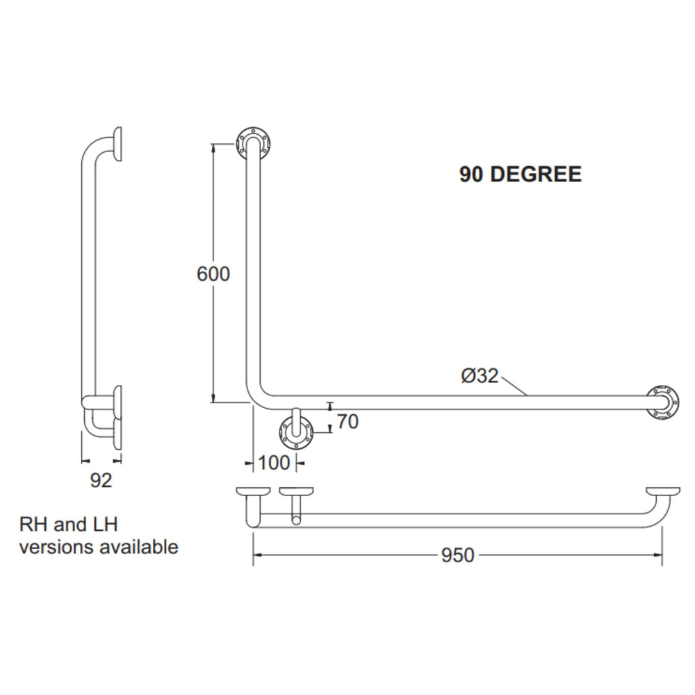 JOHNSON SUISSE ANGLED 90 DEGREE GRAB RAIL 950MM STAINLESS STEEL (AVAILABLE IN LEFT AND RIGHT HAND RAIL)