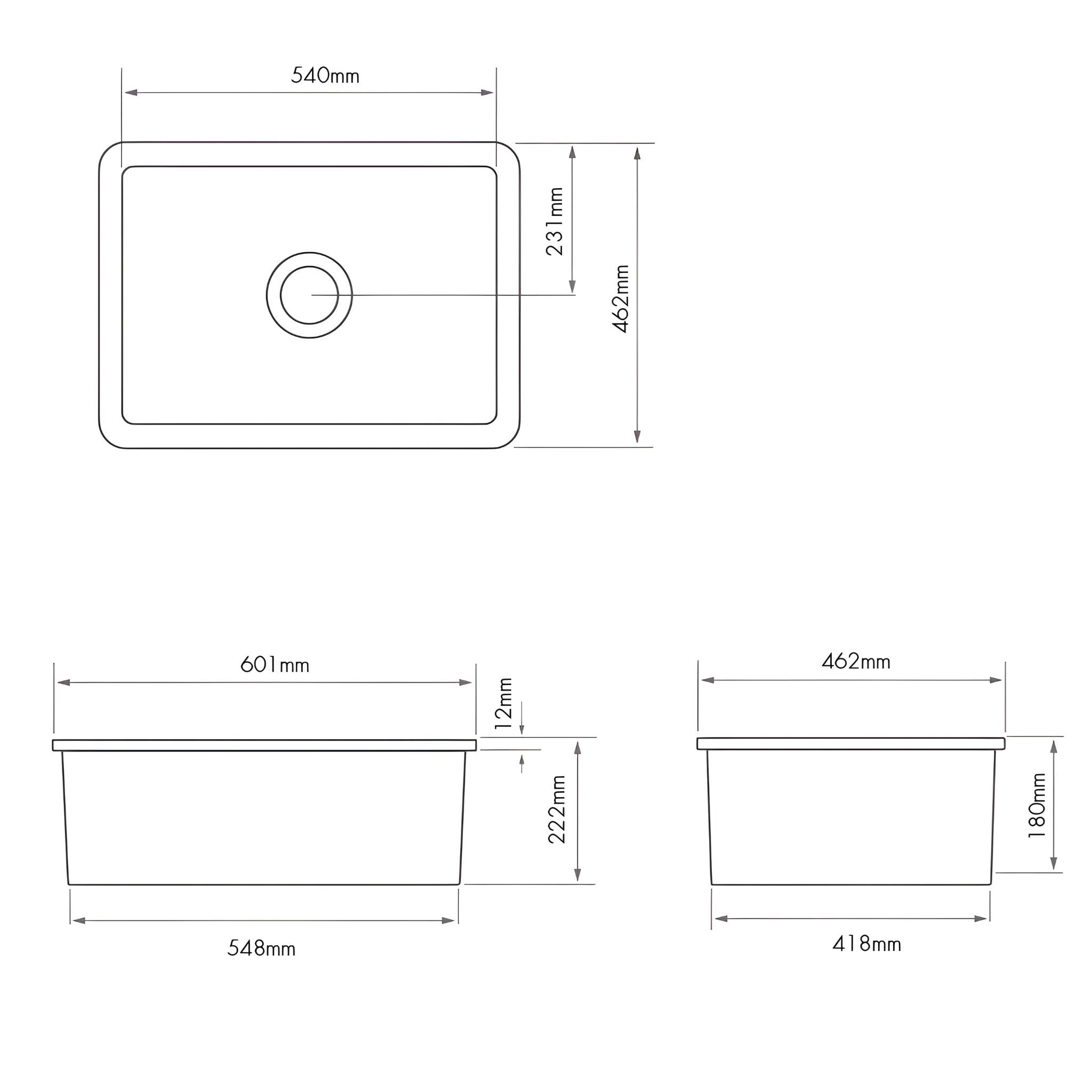 TURNER HASTINGS CUISINE INSET AND UNDERMOUNT FINE FIRECLAY SINGLE BOWL SINK WITH OVERFLOW MATTE BLACK 601MM