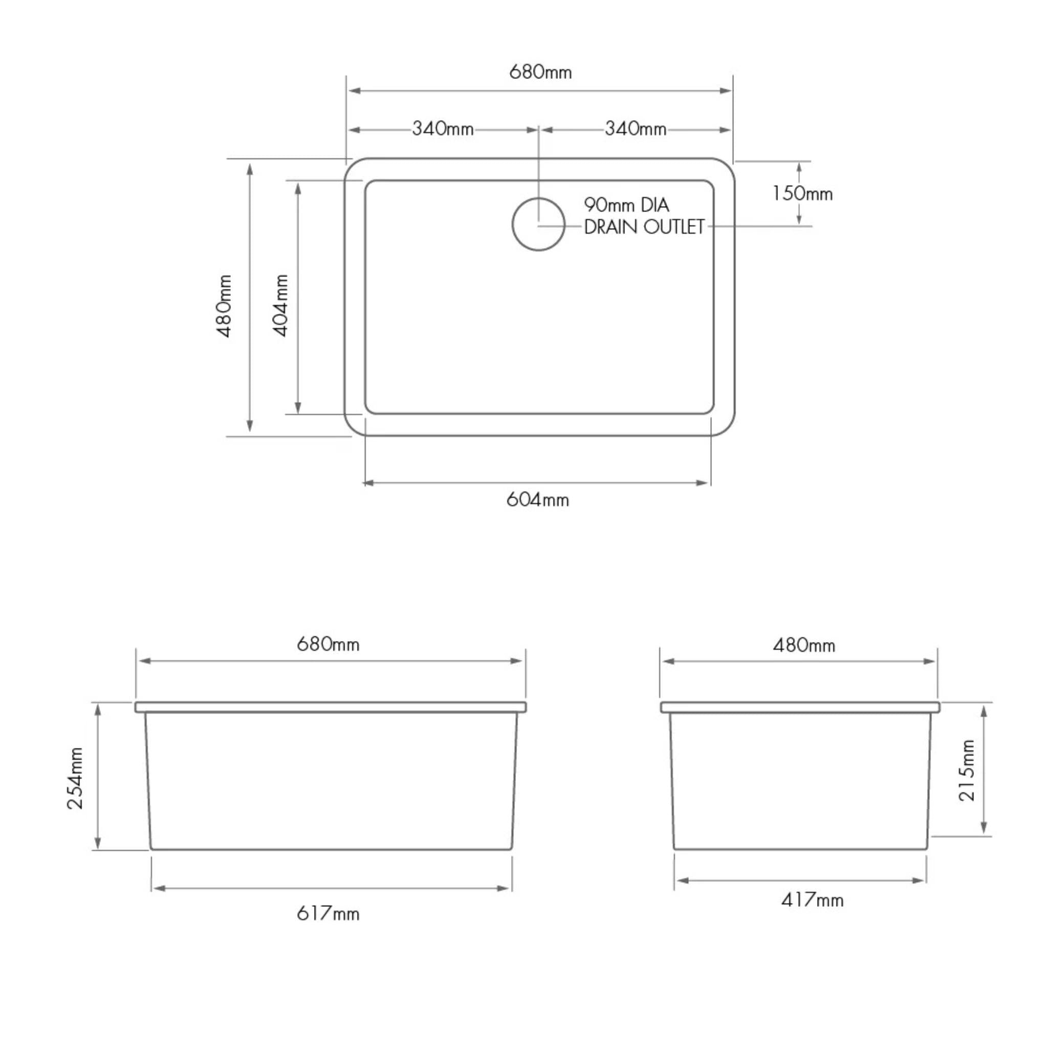 TURNER HASTINGS CUISINE INSET AND UNDERMOUNT FINE FIRECLAY SINGLE BOWL SINK WITH OVERFLOW GLOSS WHITE 680MM