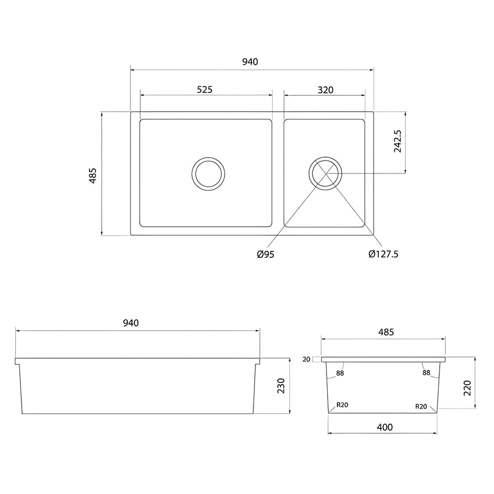 TURNER HASTINGS CUISINE INSET AND UNDERMOUNT FINE FIRECLAY DOUBLE BOWL SINK GLOSS WHITE 940MM