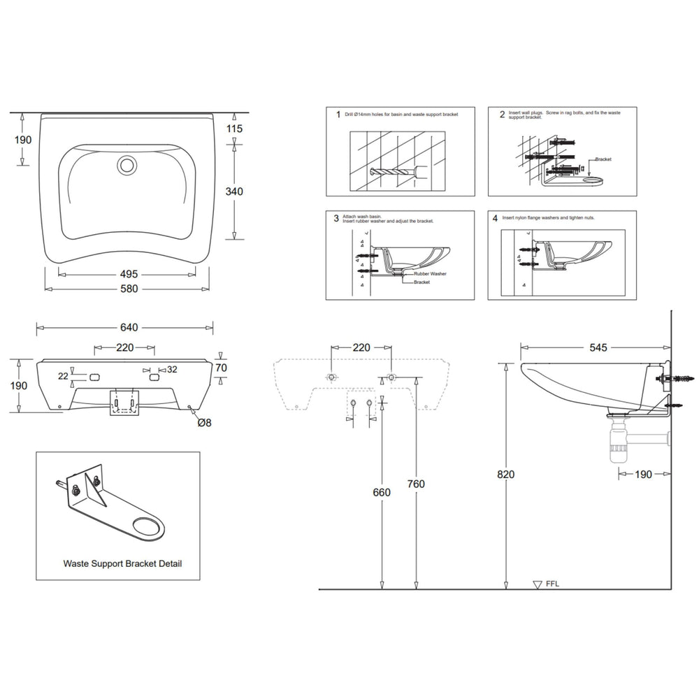 JOHNSON SUISSE CLINICAL TYPE A LARGE SCRUB WALL HUNG BASINS NO TAPHOLE WHITE 640MM