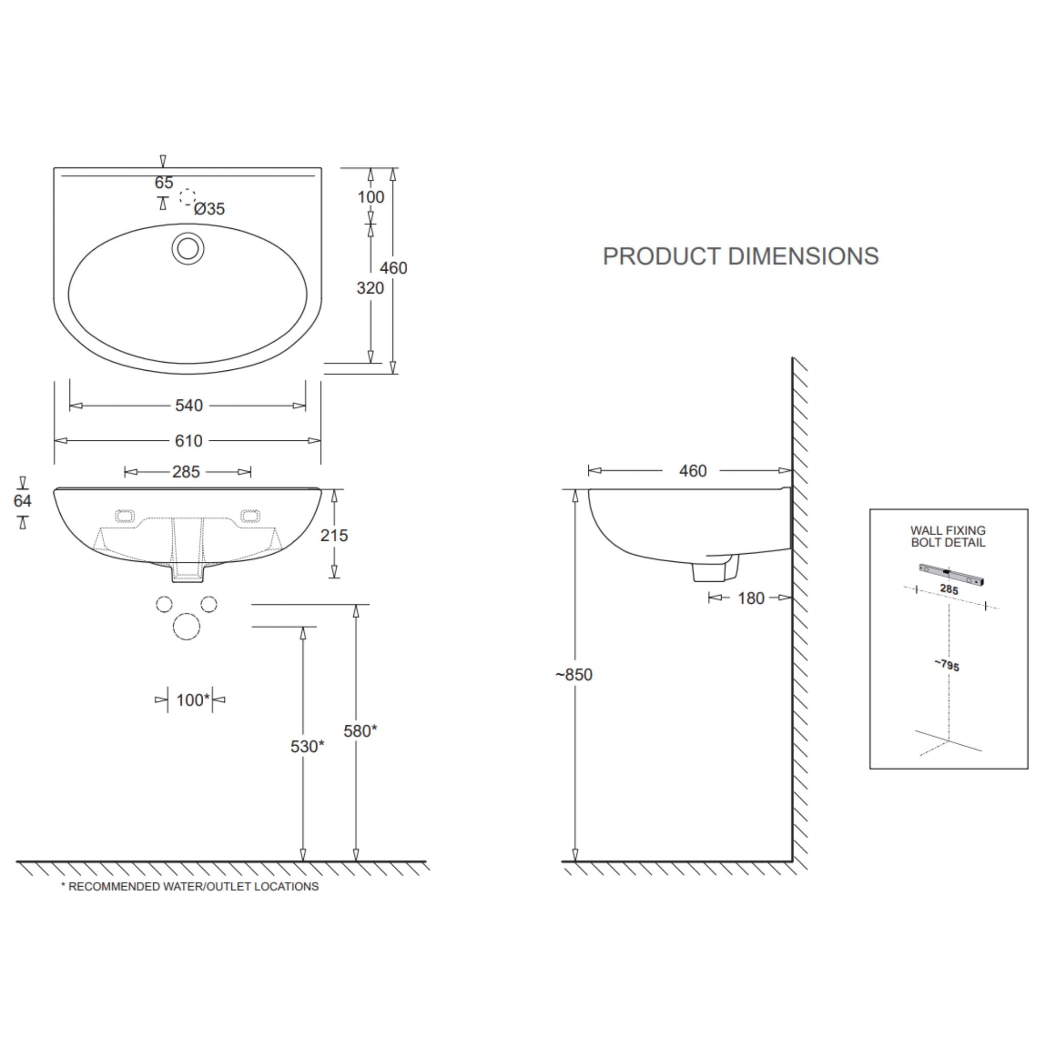 JOHNSON SUISSE BOSTON TYPE B MEDIUM CLINICAL HAND WALL HUNG BASINS ONE TAPHOLE WHITE 610MM
