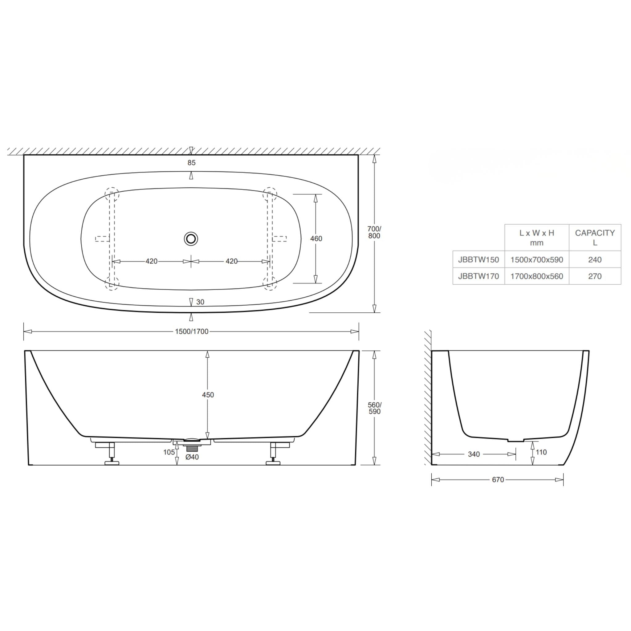 JOHNSON SUISSE VENEZIA BACK TO WALL ACRYLIC BATH GLOSS WHITE (AVAILABLE IN 1500MM, 1600MM AND 1700MM)