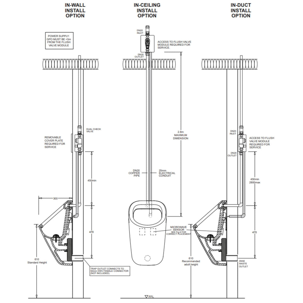 JOHNSON SUISSE VENEZIA-SENTINEL WALL HUNG URINAL WITH MICROWAVE FLUSH VALVE SYSTEM WHITE