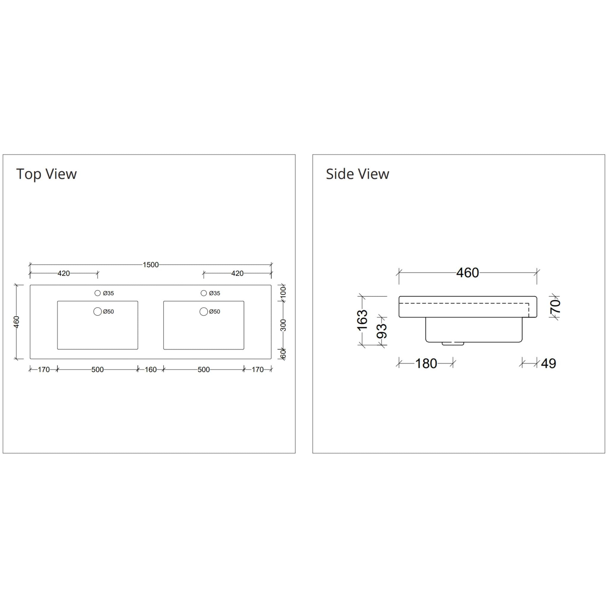 DUROCLASS MONACO GRAND GLOSS WHITE DOUBLE BOWL UNDERMOUNT VANITY TOP (AVAILABLE IN 1500MM AND 1800MM)