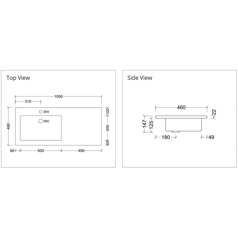 DUROCLASS MONACO GLOSS WHITE OFFSET SINGLE BOWL UNDERMOUNT VANITY TOP (MULTIPLE SIZES AVAILABLE)